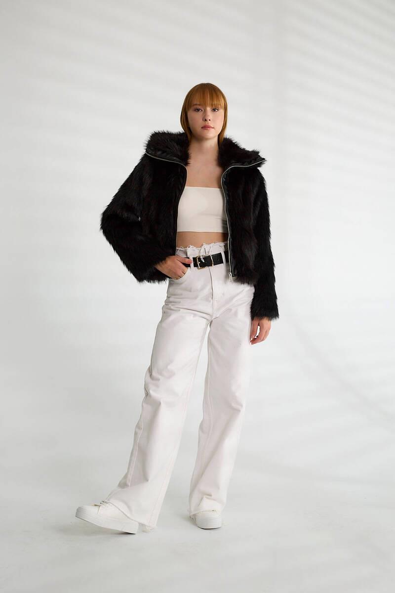 D99459 Deri Detay Fermuarlı Kürklü Ceket