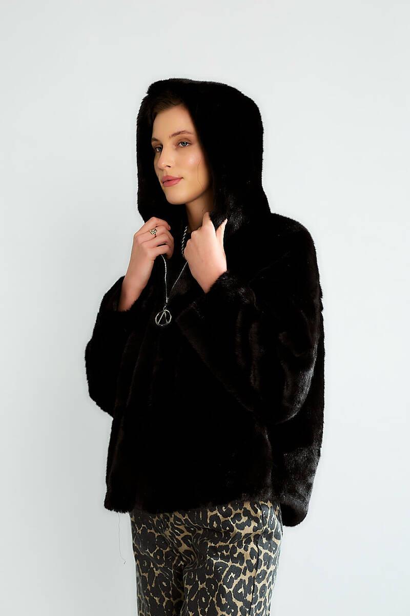 D99680 Kapüşonlu Fermuarlı Peluş Mont