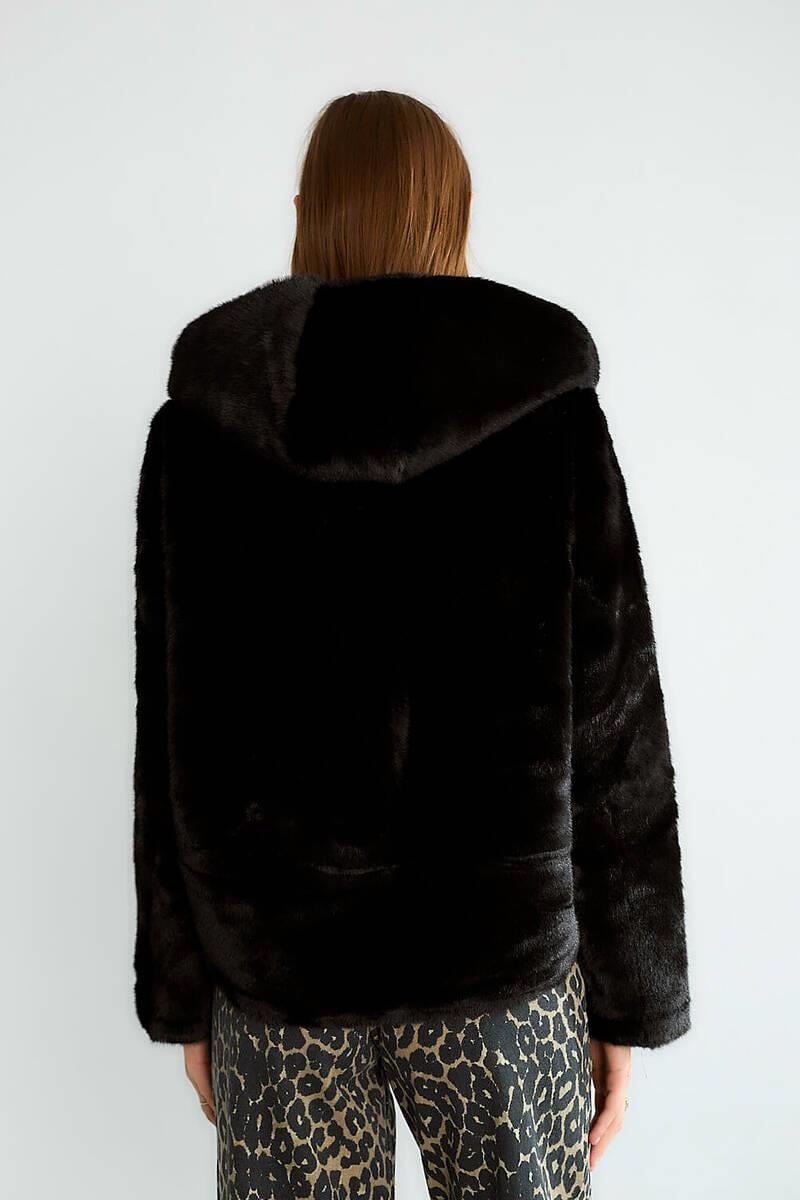 D99680 Kapüşonlu Fermuarlı Peluş Mont