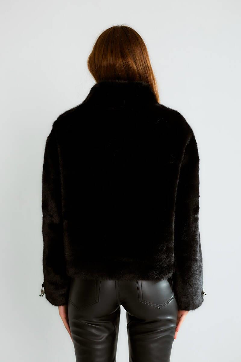 D99681 Deri Cep Kapaklı Kısa Crop Kürklü Ceket