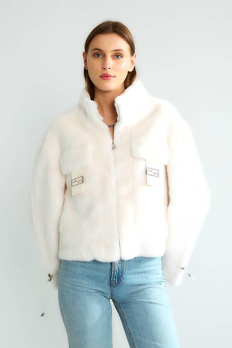 D99681 Deri Cep Kapaklı Kısa Crop Kürklü Ceket