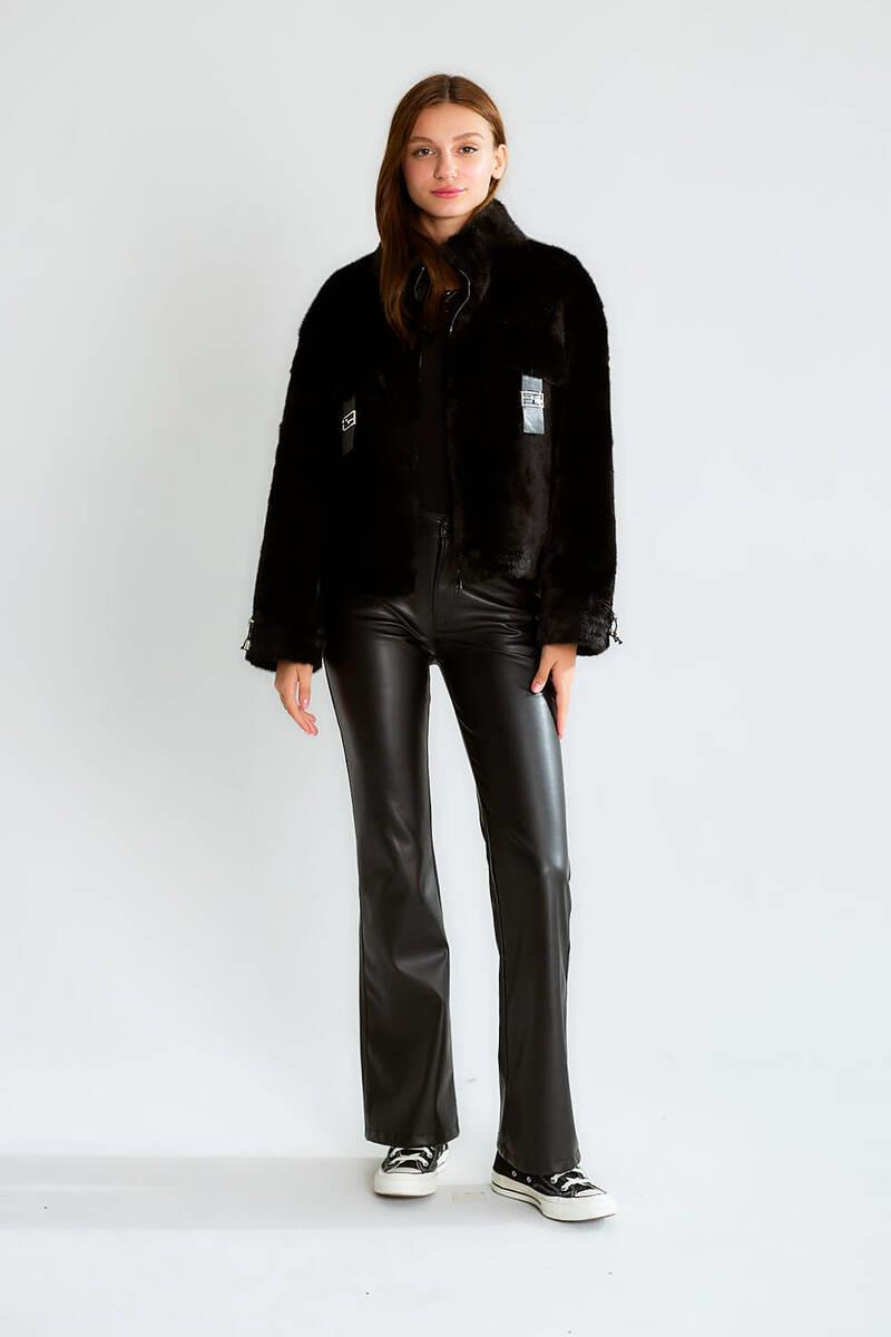 D99681 Deri Cep Kapaklı Kısa Crop Kürklü Ceket