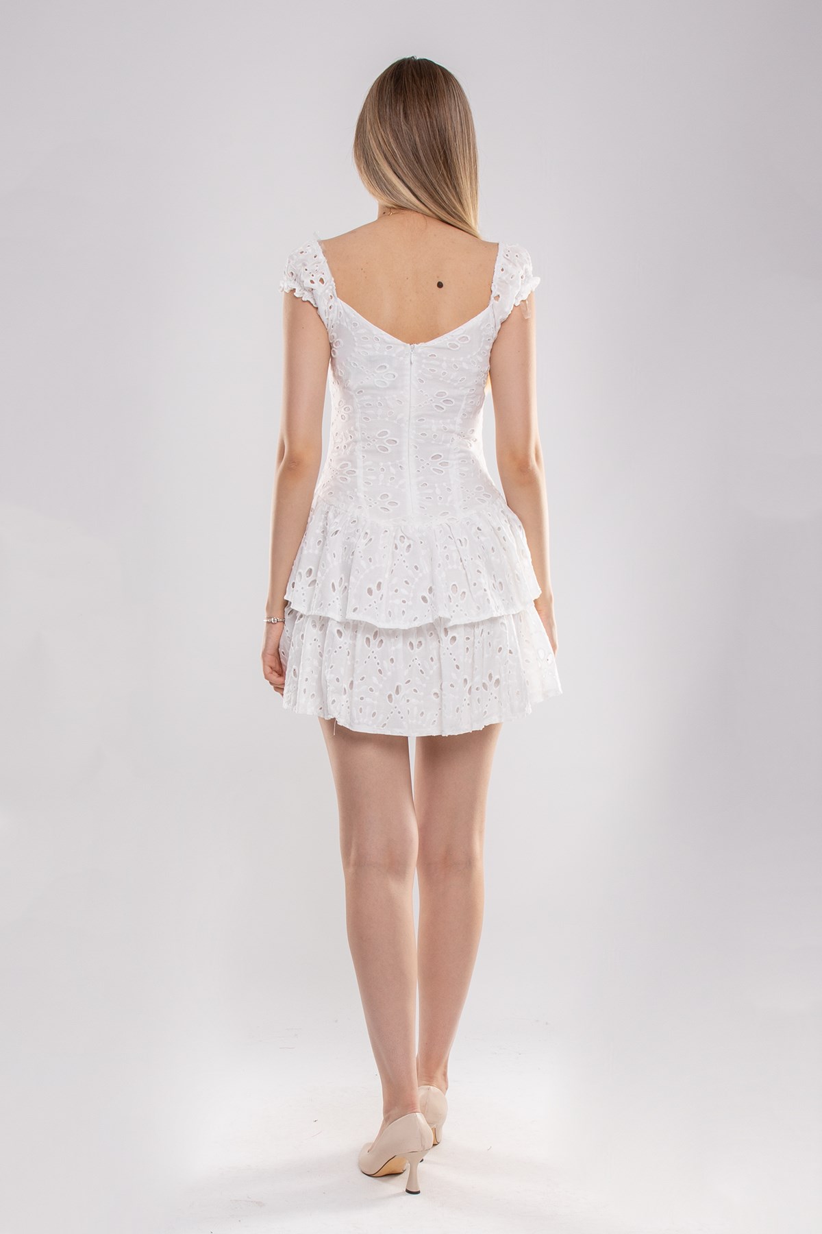 DRS7018 Brode Fisto Eteği Katlı Kısa Kol Ucu Lastikli Mini Elbise