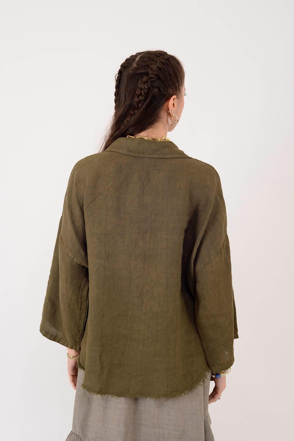 E3086 Zımbalı Pullu Çift Cepli Saçaklı Keten Gömlek