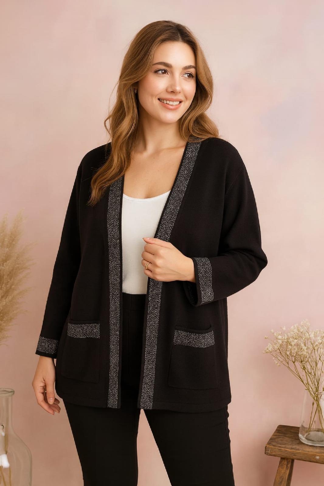 E7003 Düğmesiz Patı Desenli Cepli  Triko Hırka