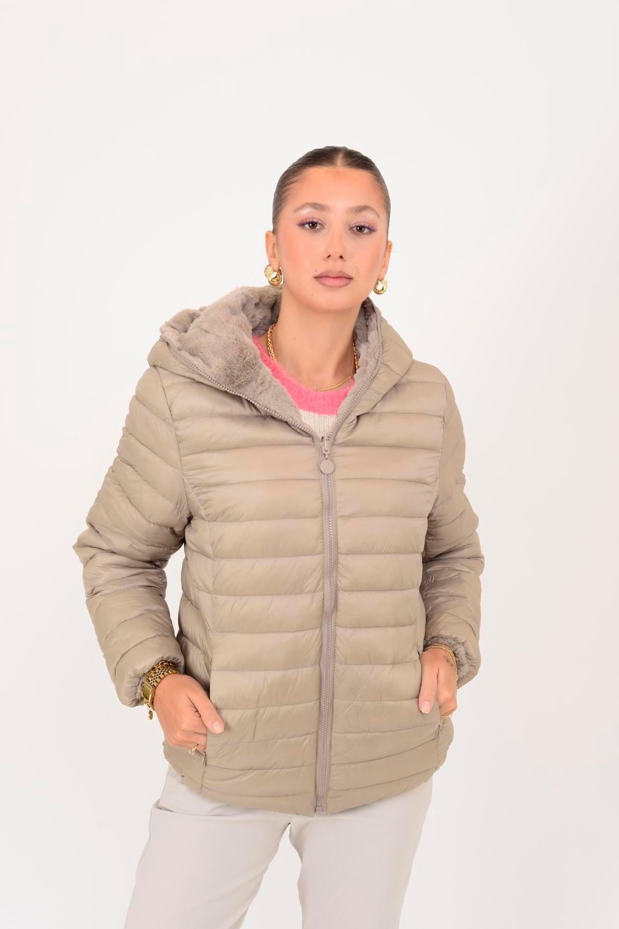 HV811 İçi Düz Desen Kürklü Kapitone Kapüşonlu Mont