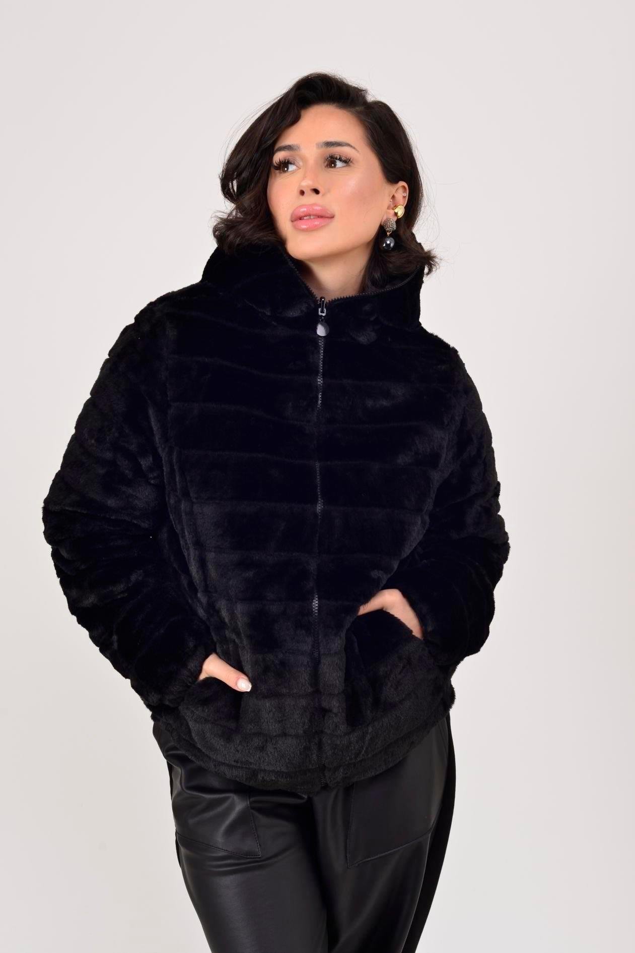 HV811 İçi Düz Desen Kürklü Kapitone Kapüşonlu Mont