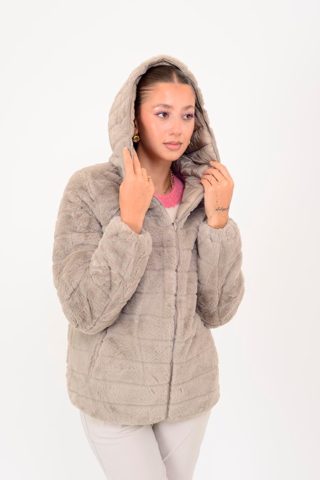 HV811 İçi Düz Desen Kürklü Kapitone Kapüşonlu Mont