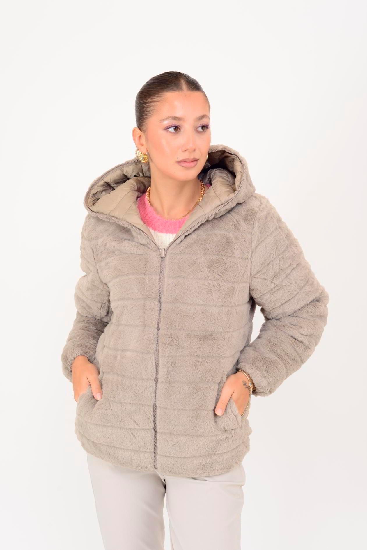 HV811 İçi Düz Desen Kürklü Kapitone Kapüşonlu Mont