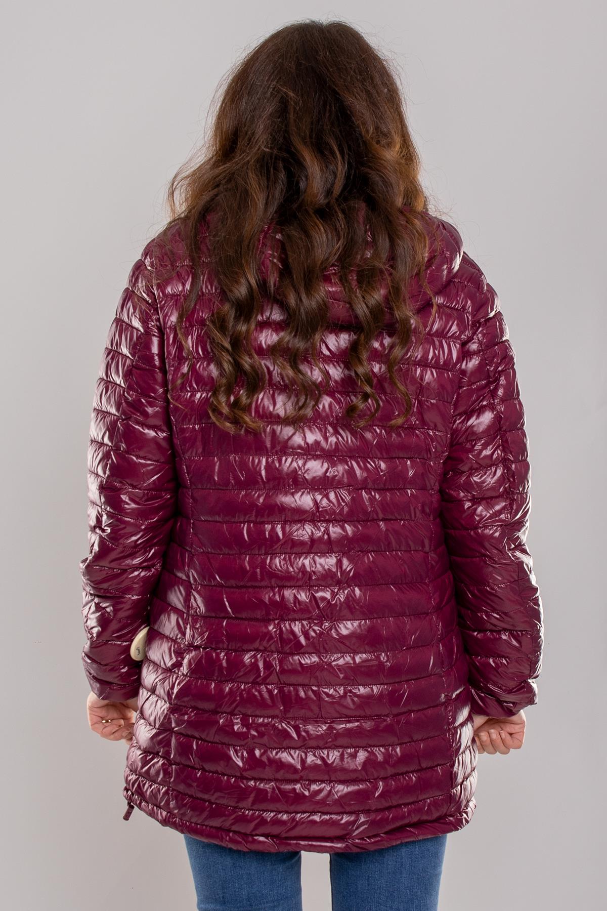 HV959 Slimfit İçi Çiçek Desen Kapüşonlu Eteği Büzgülü Kapitone Mont