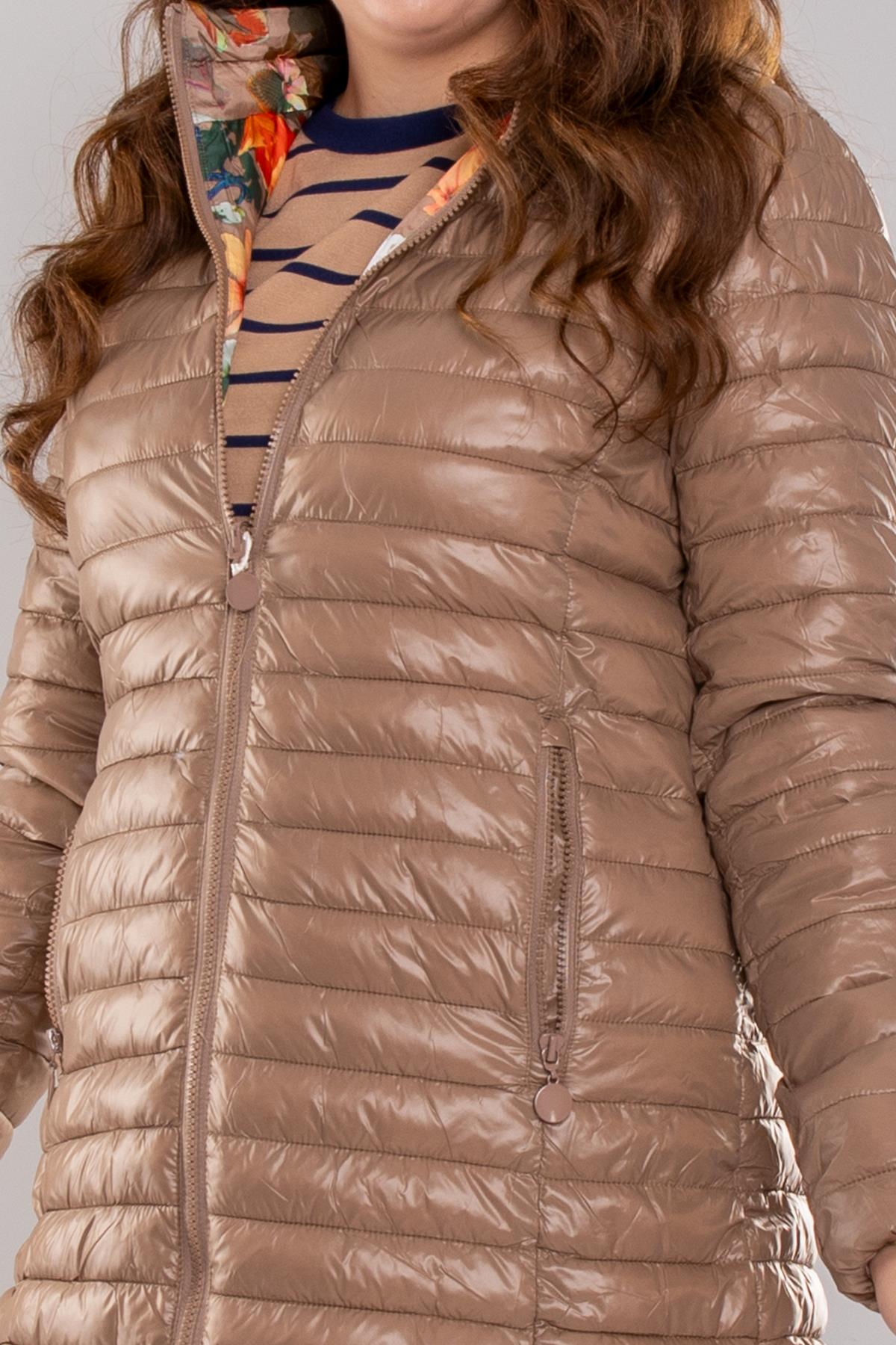 HV959 Slimfit İçi Çiçek Desen Kapüşonlu Eteği Büzgülü Kapitone Mont