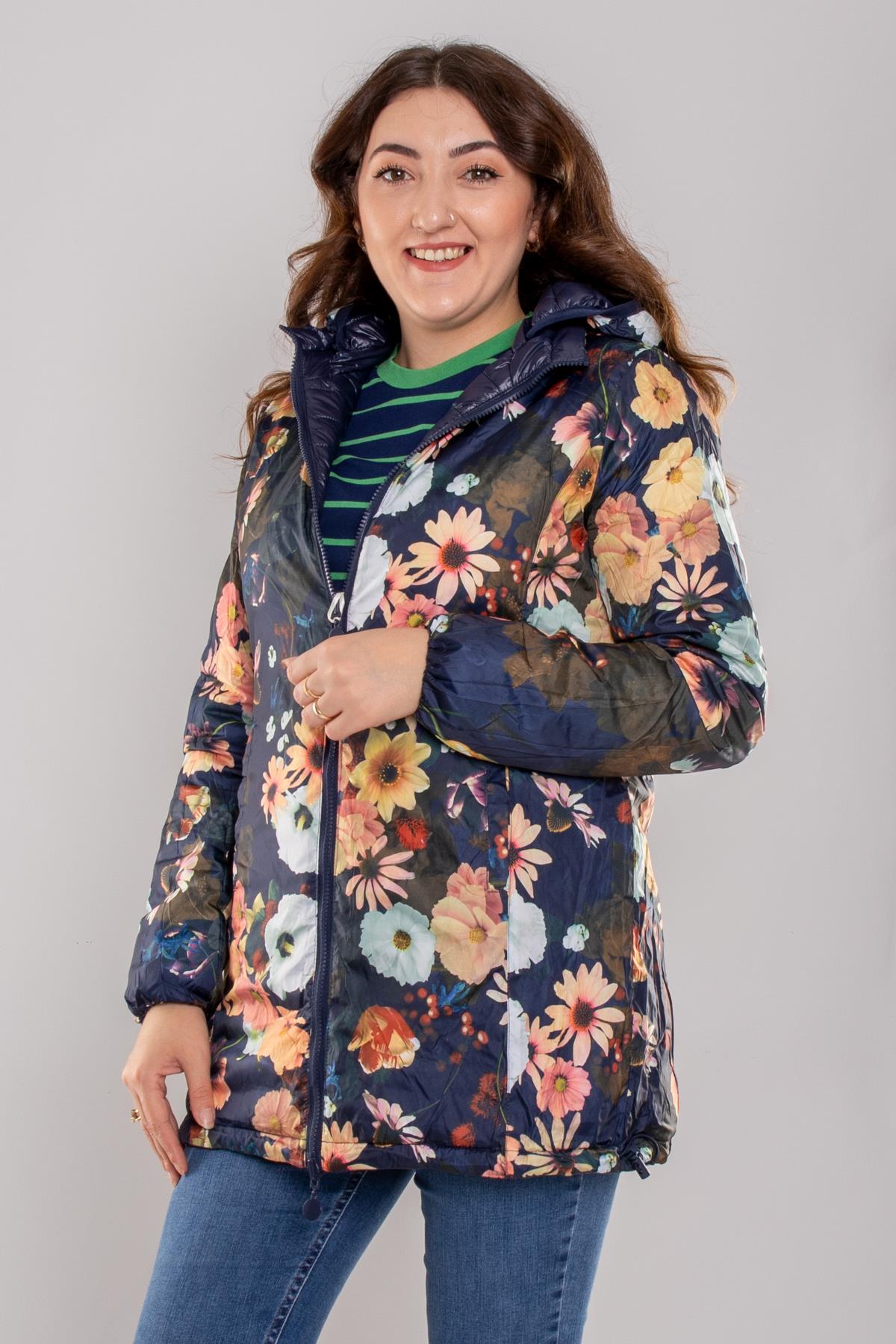 HV959 Slimfit İçi Çiçek Desen Kapüşonlu Eteği Büzgülü Kapitone Mont