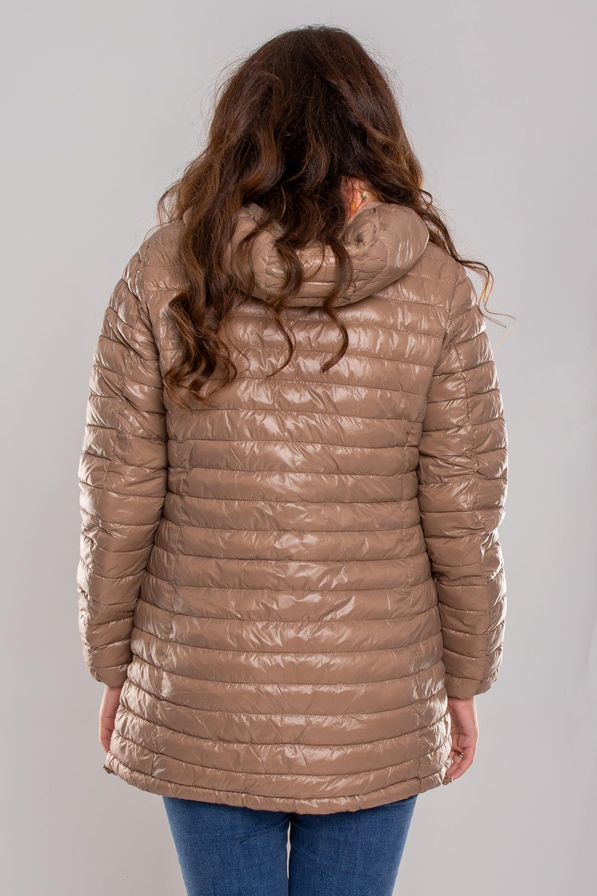 HV959 Slimfit İçi Çiçek Desen Kapüşonlu Eteği Büzgülü Kapitone Mont