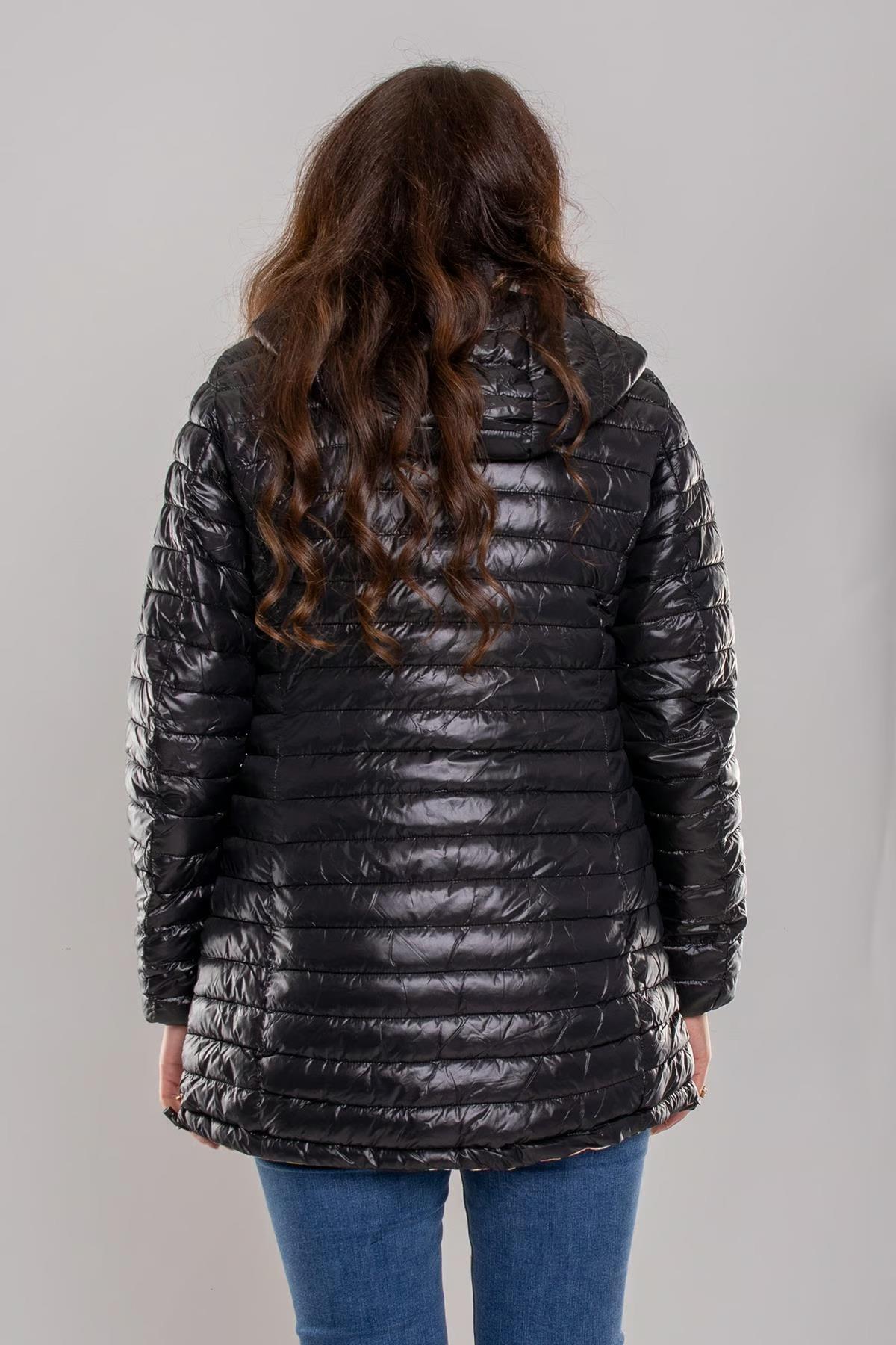 HV959 Slimfit İçi Çiçek Desen Kapüşonlu Eteği Büzgülü Kapitone Mont