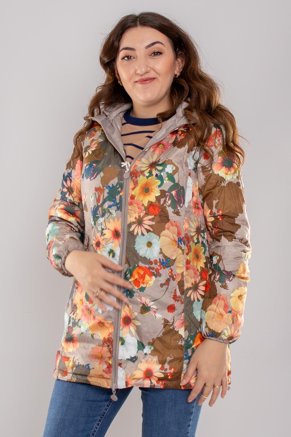 HV959 Slimfit İçi Çiçek Desen Kapüşonlu Eteği Büzgülü Kapitone Mont