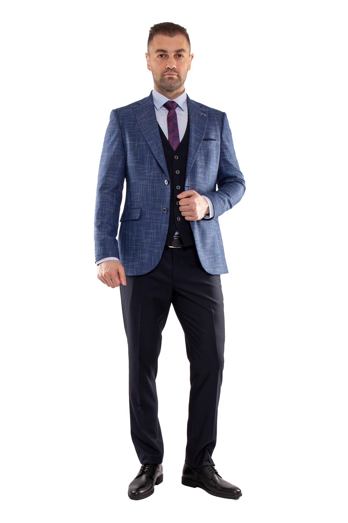 JK35SF02M045 Slimfit 6 Drop Ekose Yelekli Takım Elbise