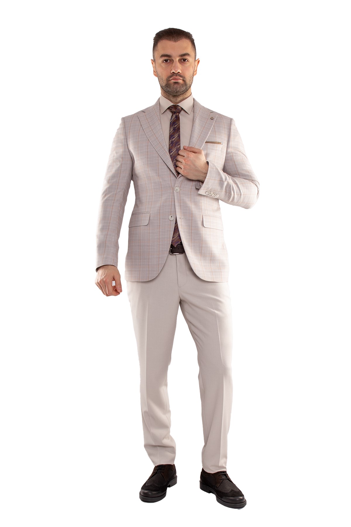 JK35SF02M061 Slimfit 6 Drop Kareli Yelekli Takım Elbise