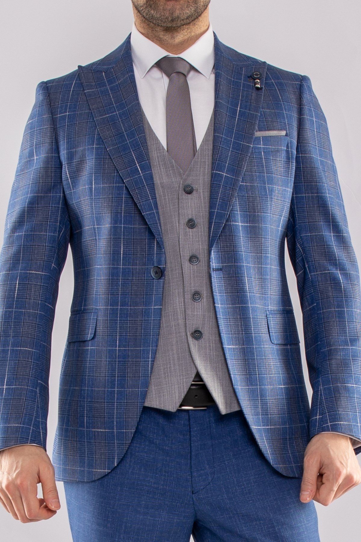 JK36SF02M164 Slimfit 6 Drop Kareli Yelekli Takım Elbise