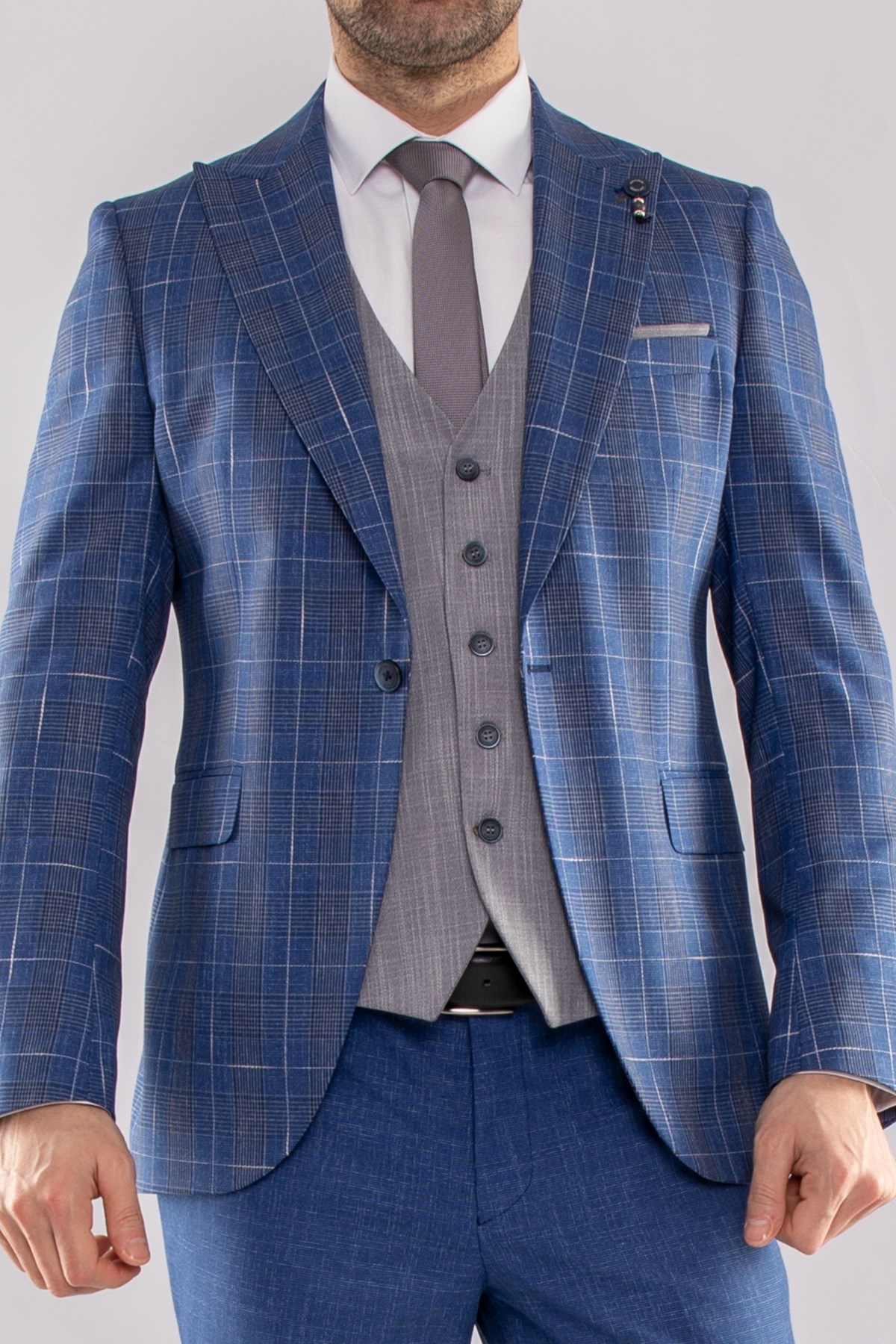 JK36SF02M164 Slimfit 6 Drop Kareli Yelekli Takım Elbise