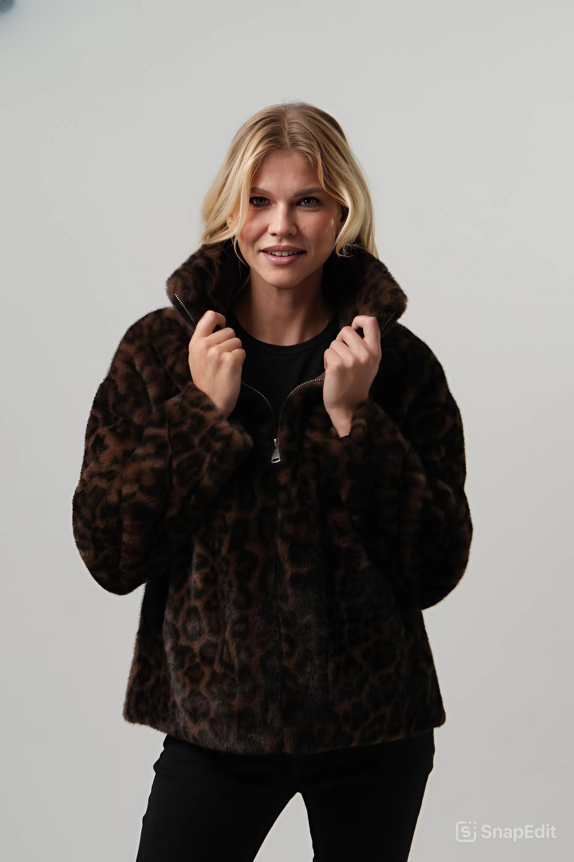 LUCY Leopar Fermuarlı Crop Kürklü Kadın Mont