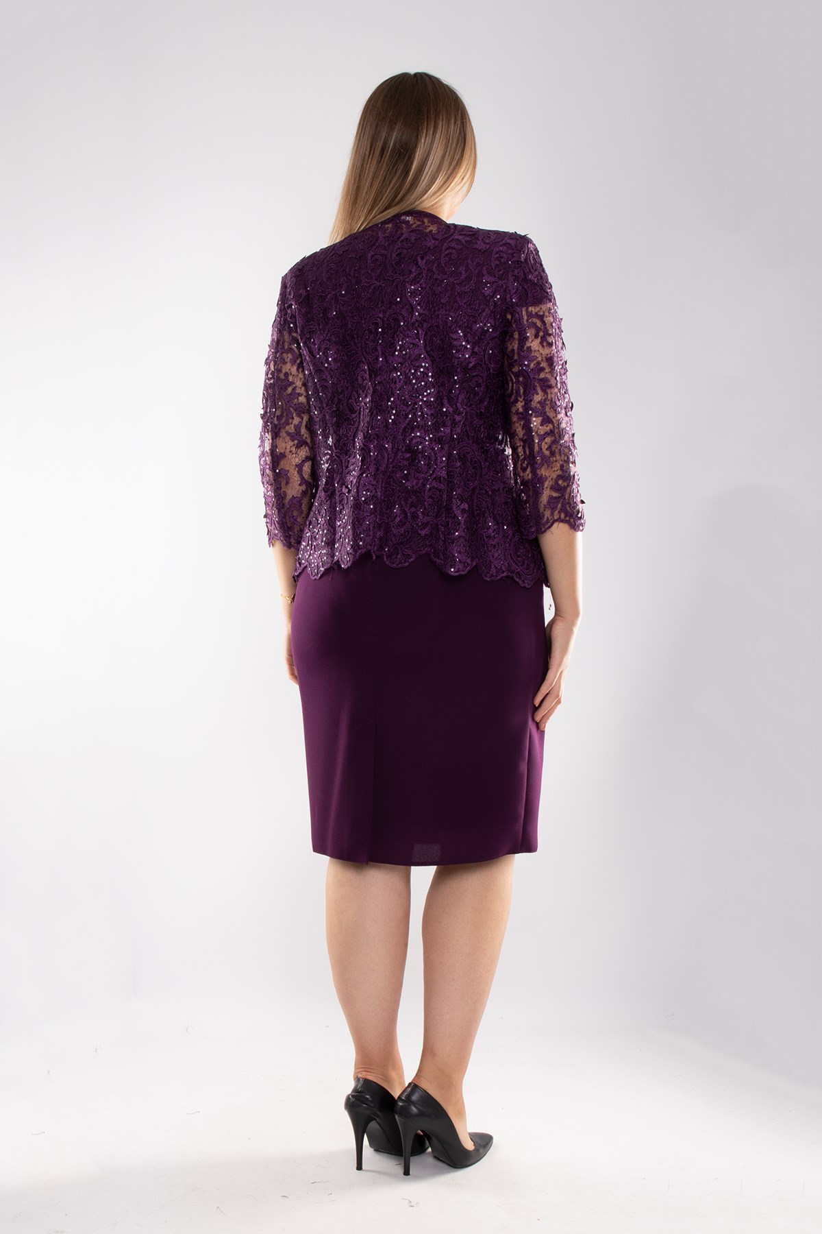 M-634 3D Güpür Pul Nakışlı Patı Boncuklu Kısa Elbise Ceket Takım