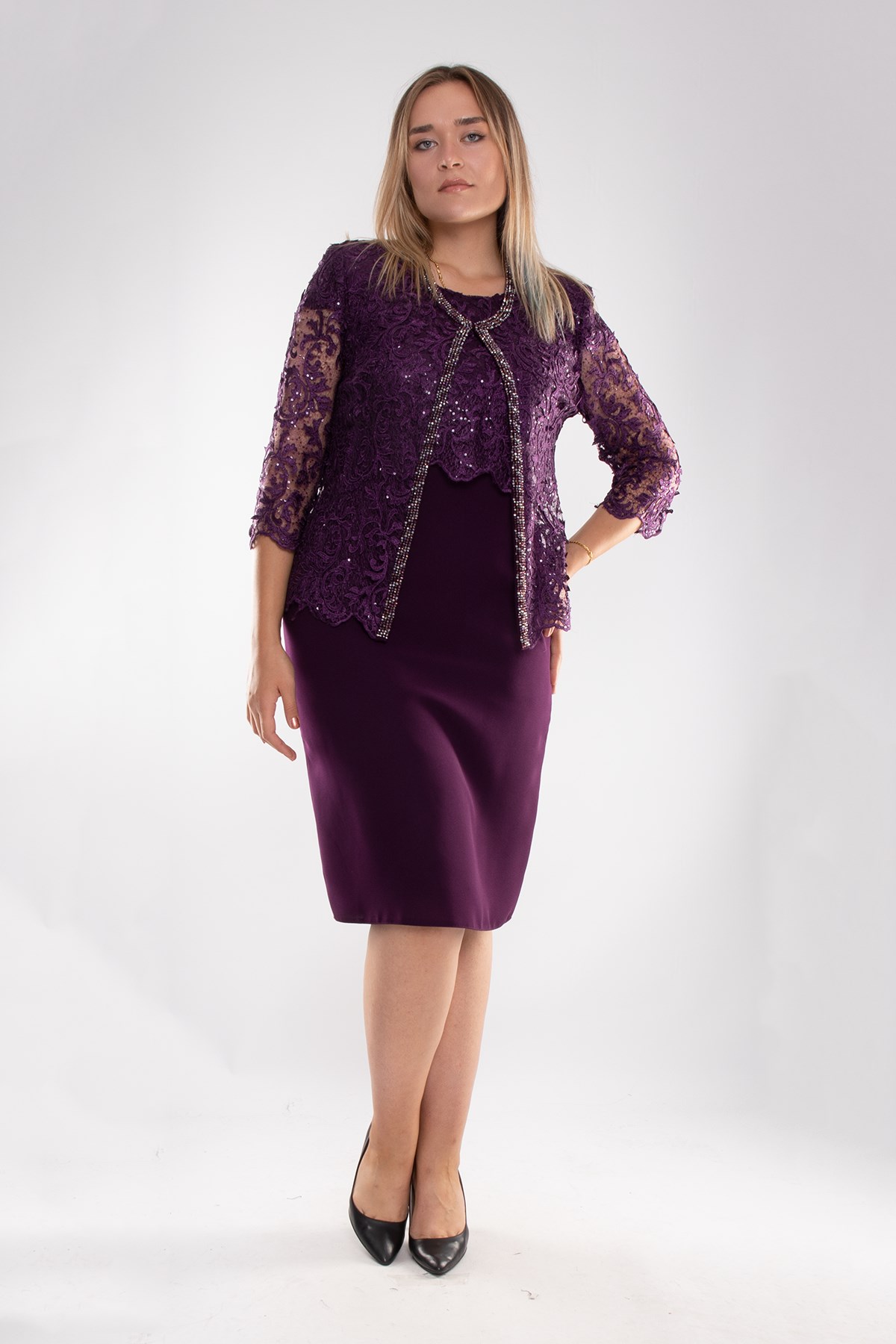 M-634 3D Güpür Pul Nakışlı Patı Boncuklu Kısa Elbise Ceket Takım