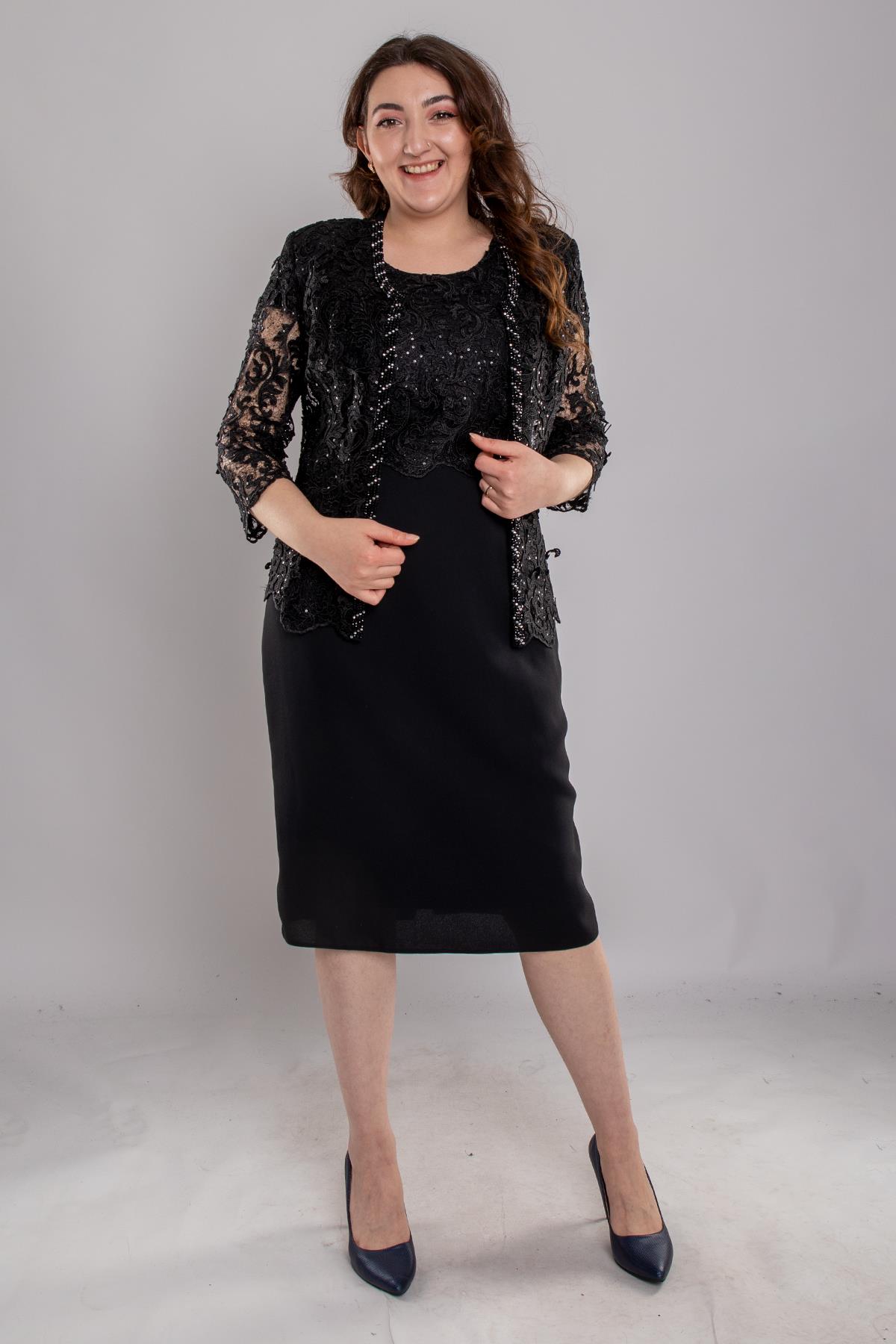 M-634 3D Güpür Pul Nakışlı Patı Boncuklu Kısa Elbise Ceket Takım