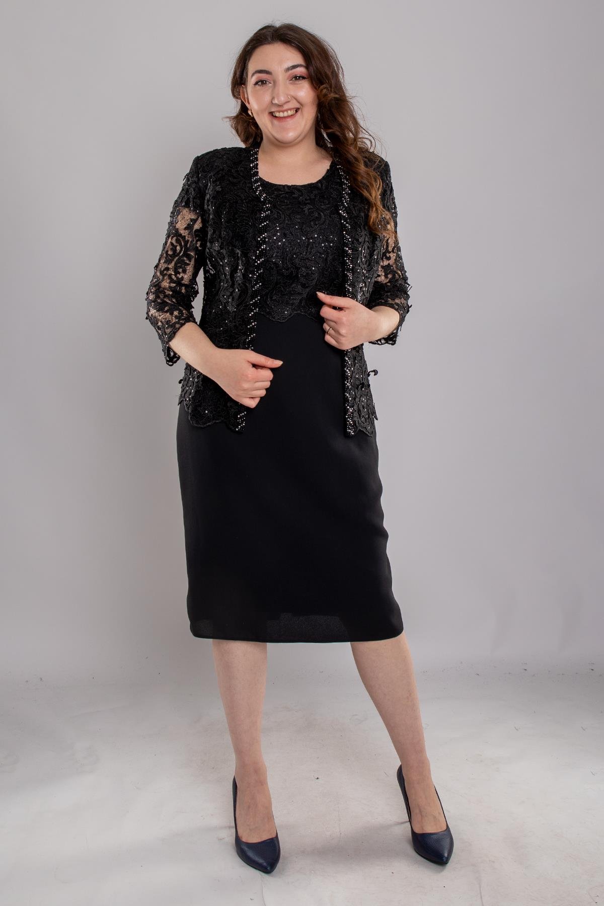 M-634 3D Güpür Pul Nakışlı Patı Boncuklu Kısa Elbise Ceket Takım