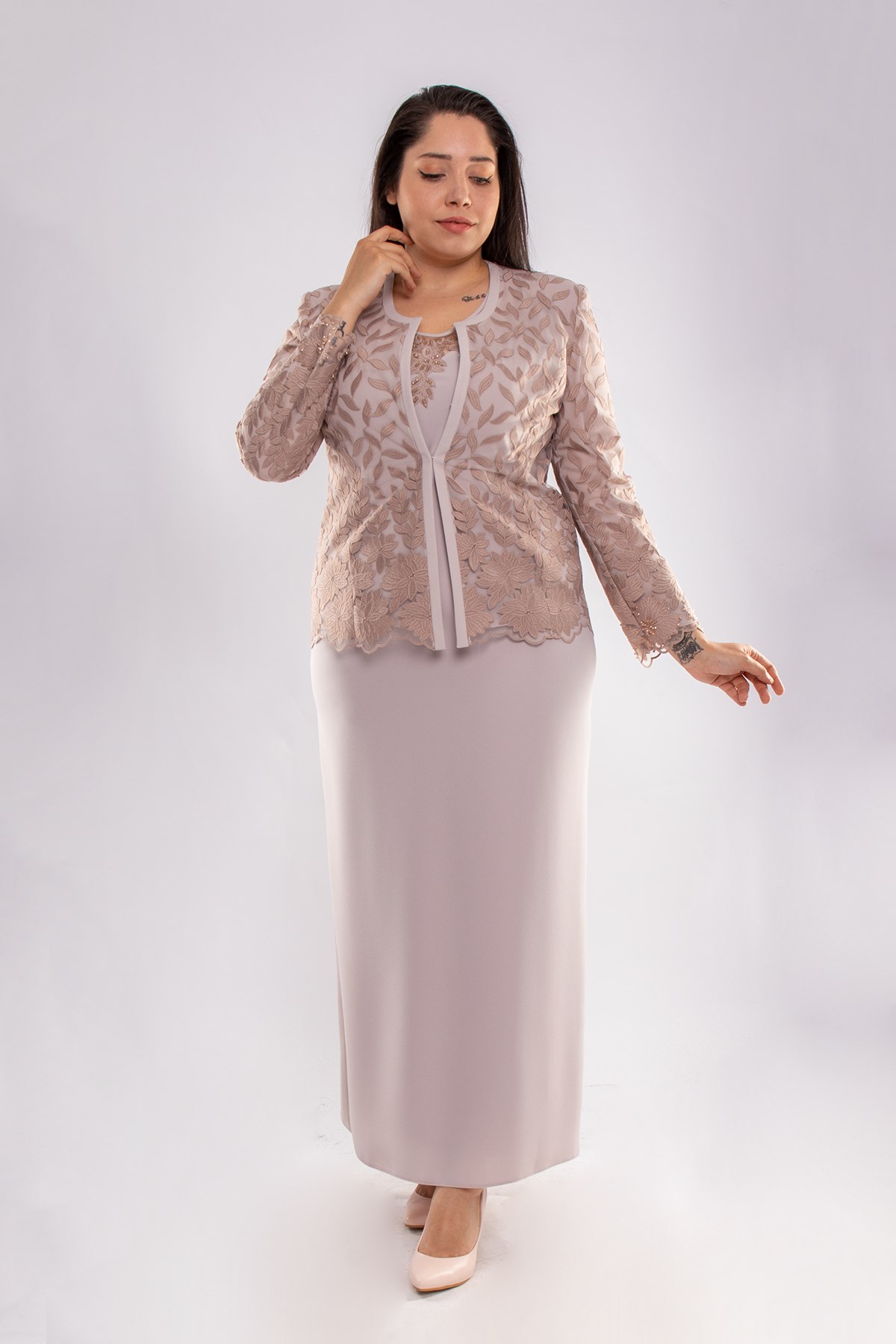 M-761 Büyük Beden Yaprak Desen Elbise Ceket Takım