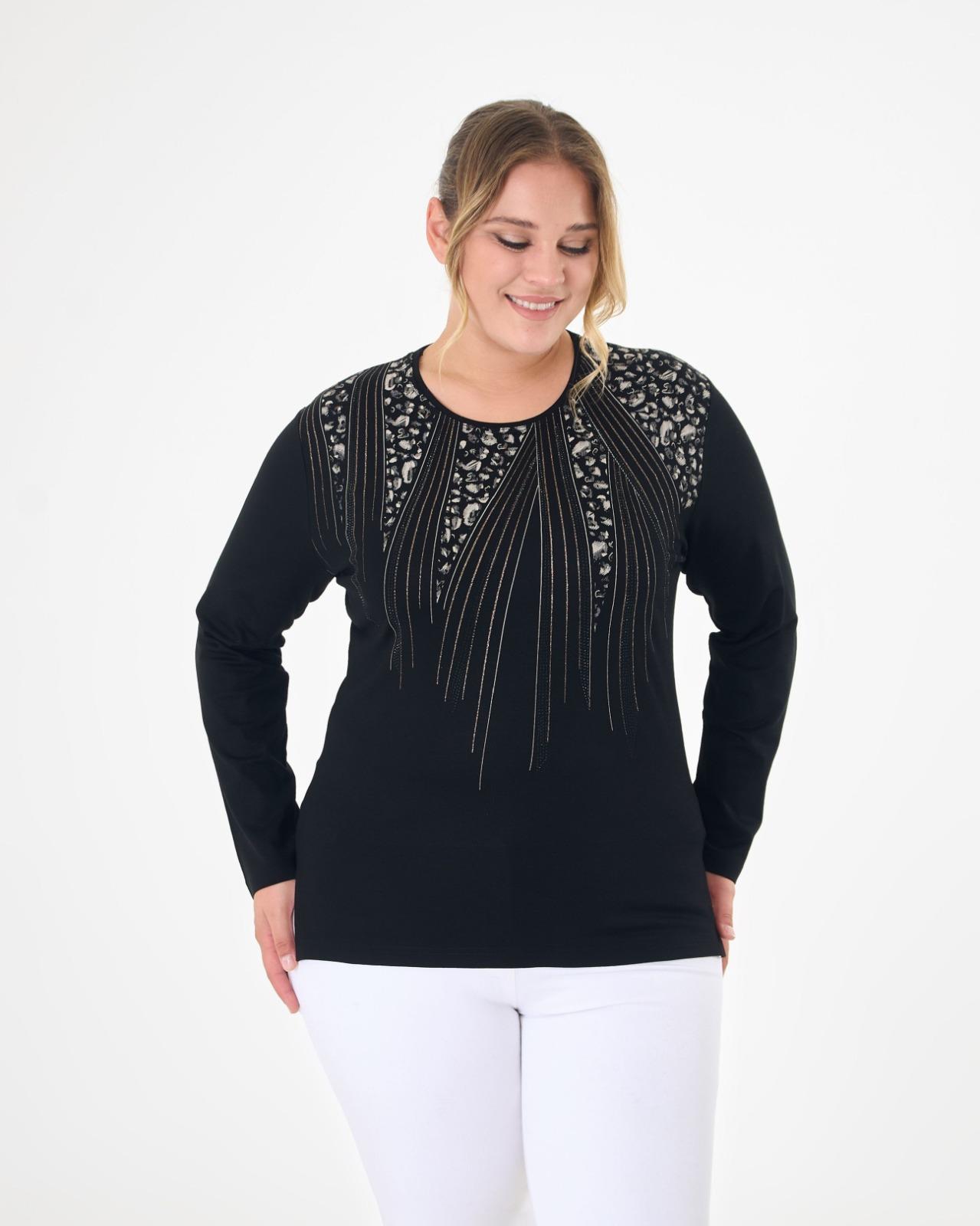 M219 Yaka Geometrik Desen Taşlı LEopar Baskı Bluz