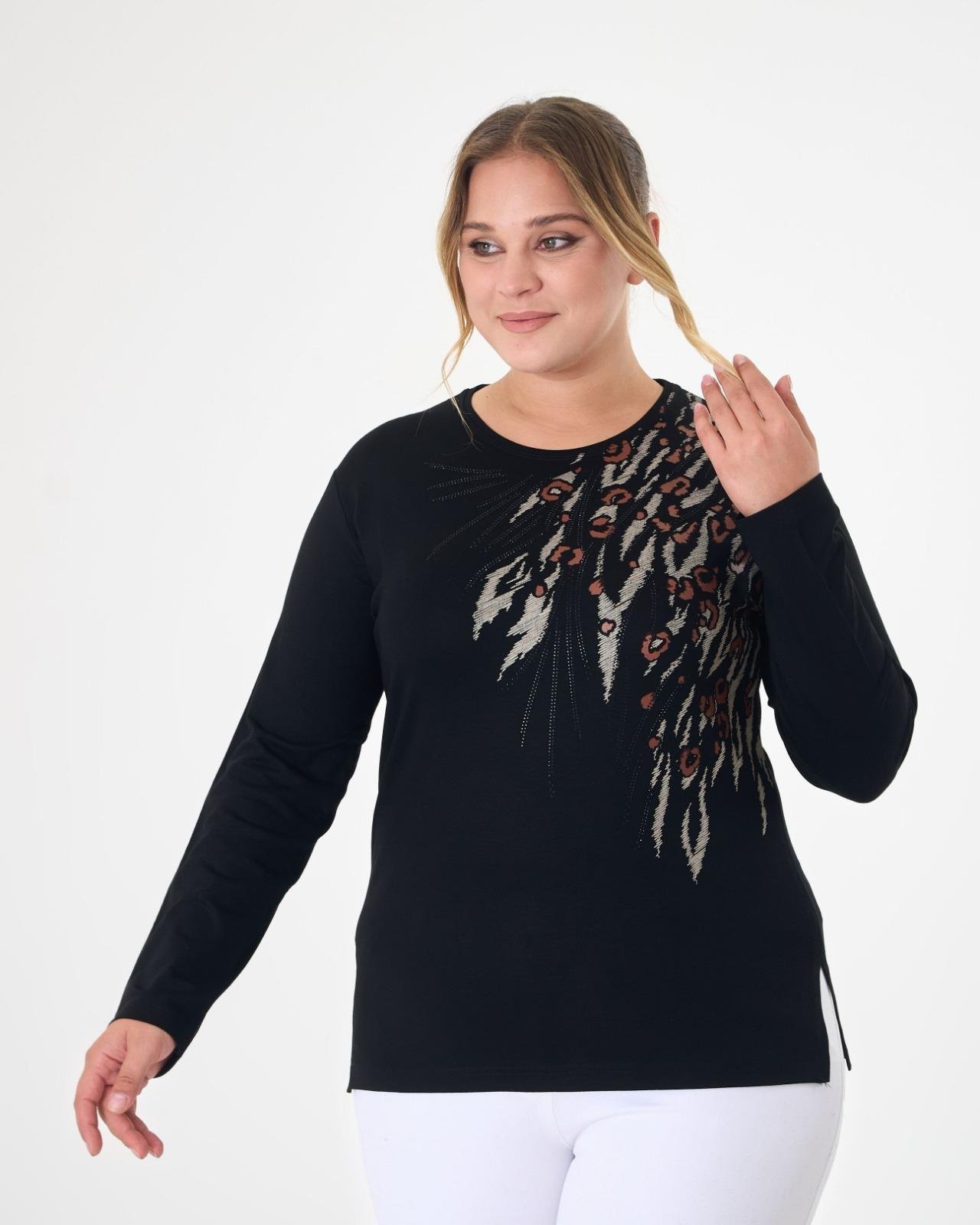 M221 Taşlı Leopar Baskı Bisiklet Yaka Bluz