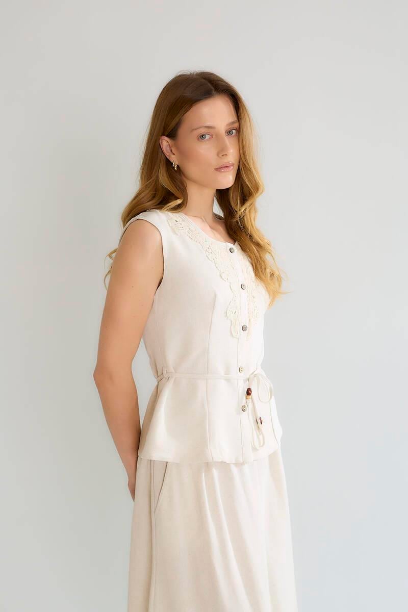 M38601 Pamuk Dantel Detay İplik Yelek Uzun Etek Takım