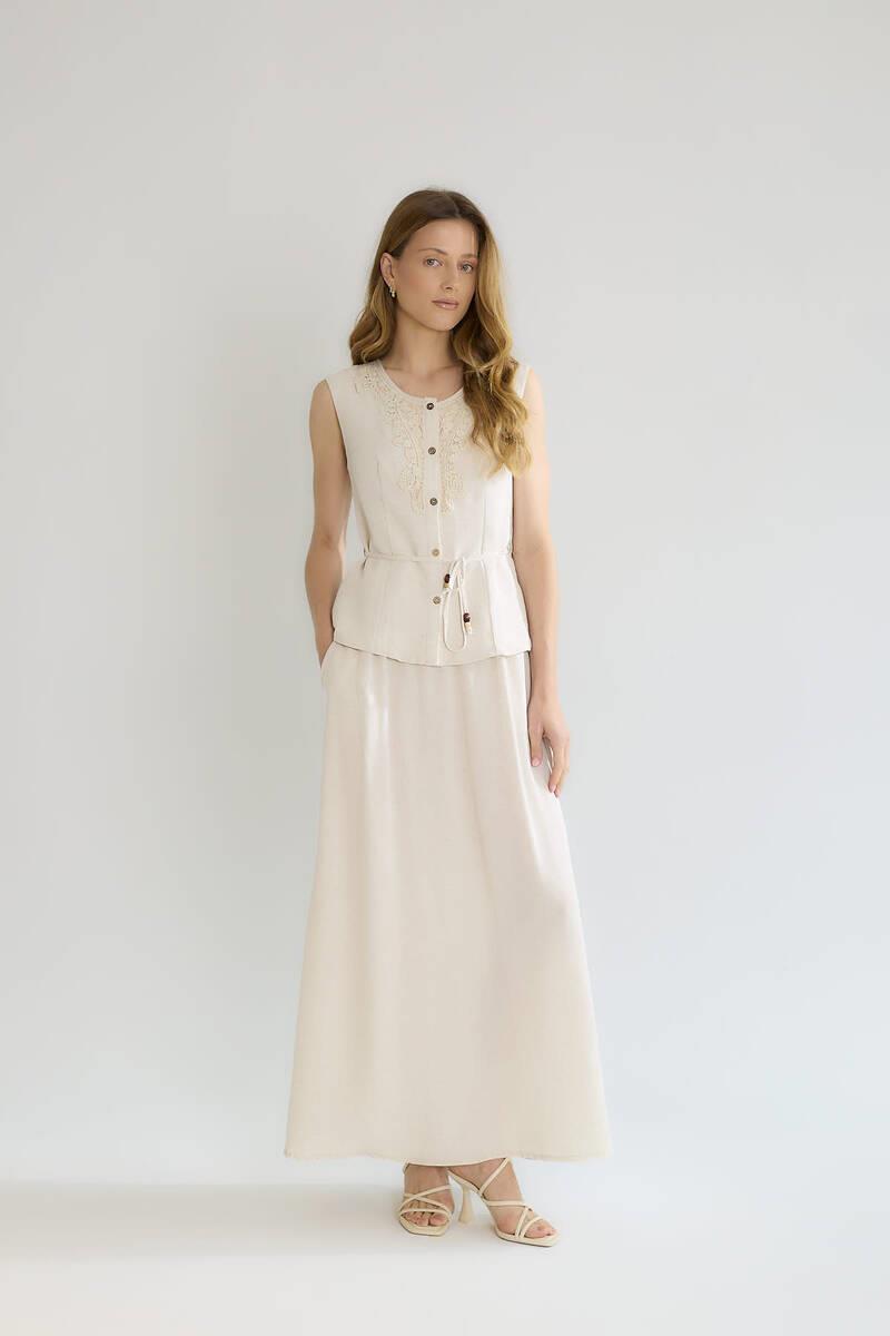 M38601 Pamuk Dantel Detay İplik Yelek Uzun Etek Takım