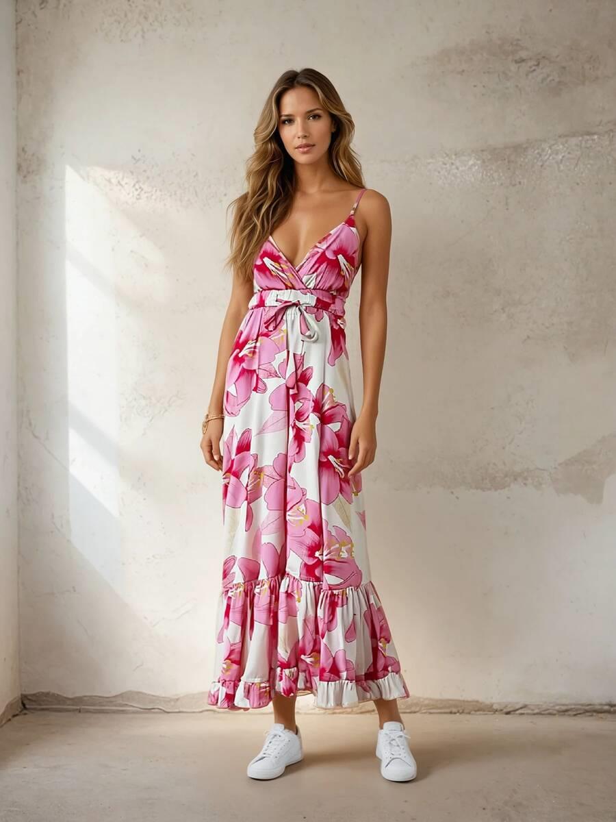 M38893 Beli Bağcıklı İp Askı Çiçek Desenli Uzun Saten Elbise