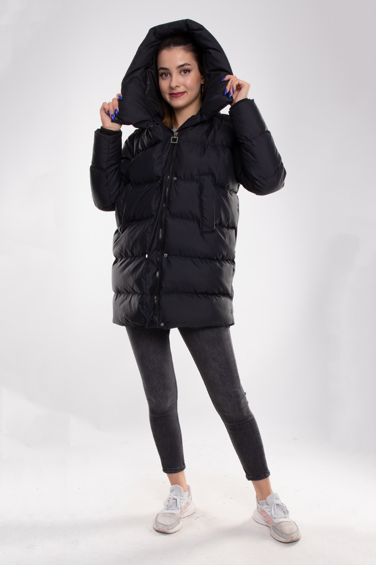 MELODY Geniş Yaka Kapşonlu Çıtçıtlı Şişme Oversize Kadın Kaban