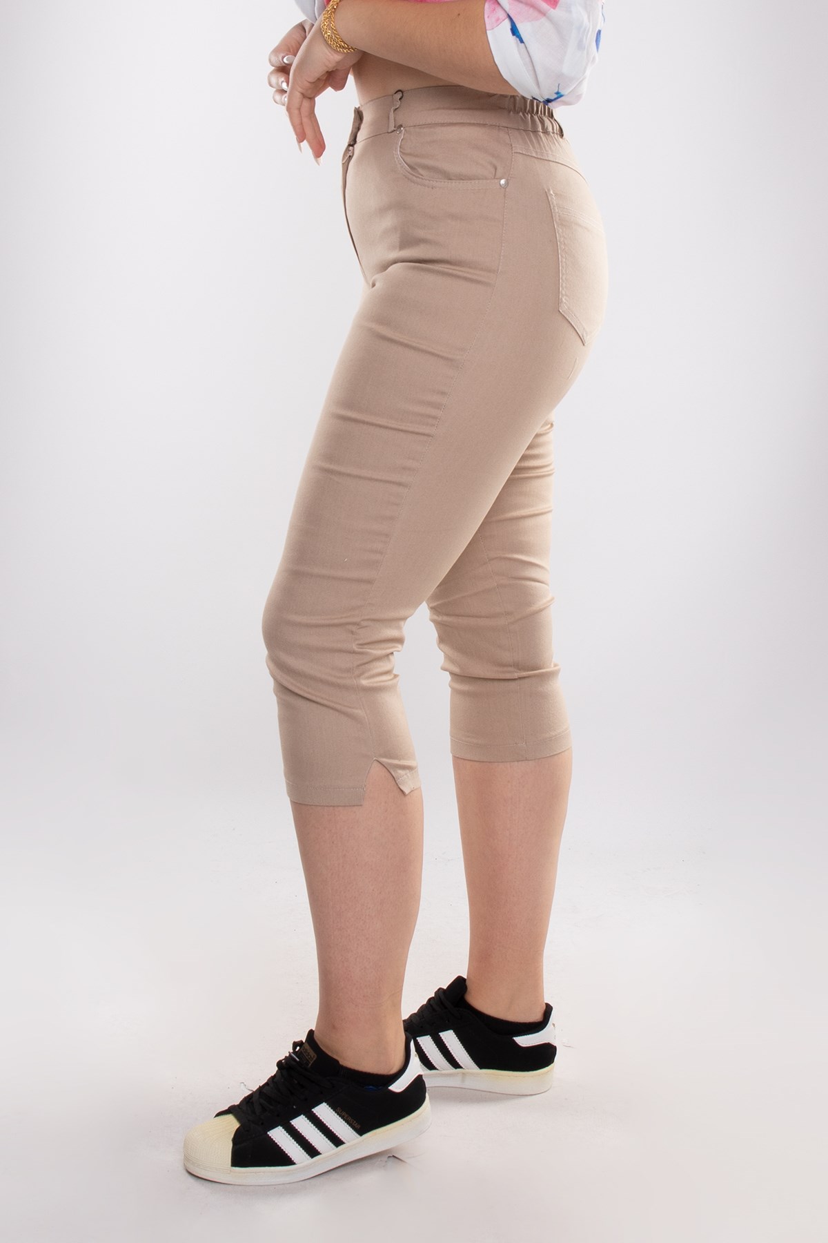 P8324 Büyük Beden Beli Lastikli Pamuklu Kapri