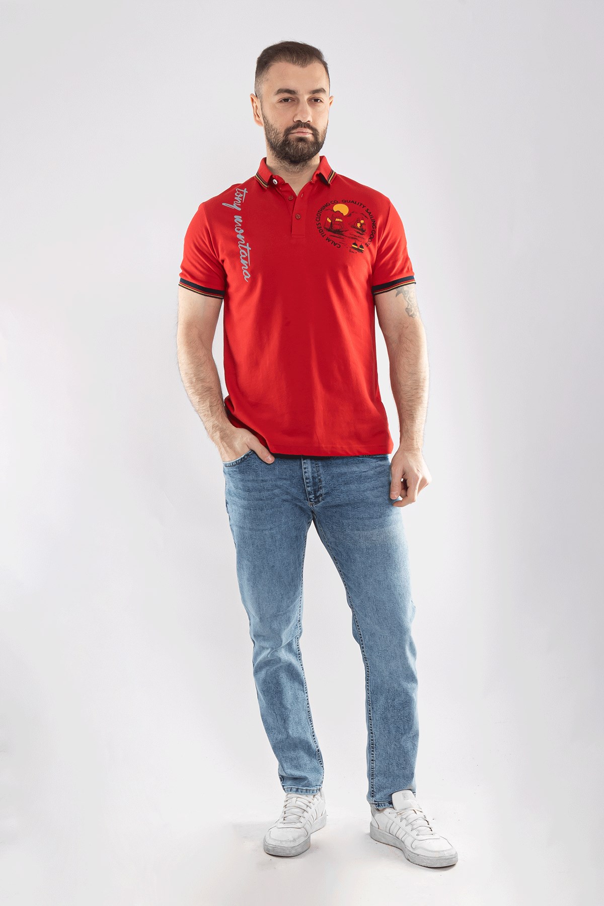 PL-2440 Penye Lacost Polo Yaka Gemi Baskılı Pamuk Tshirt