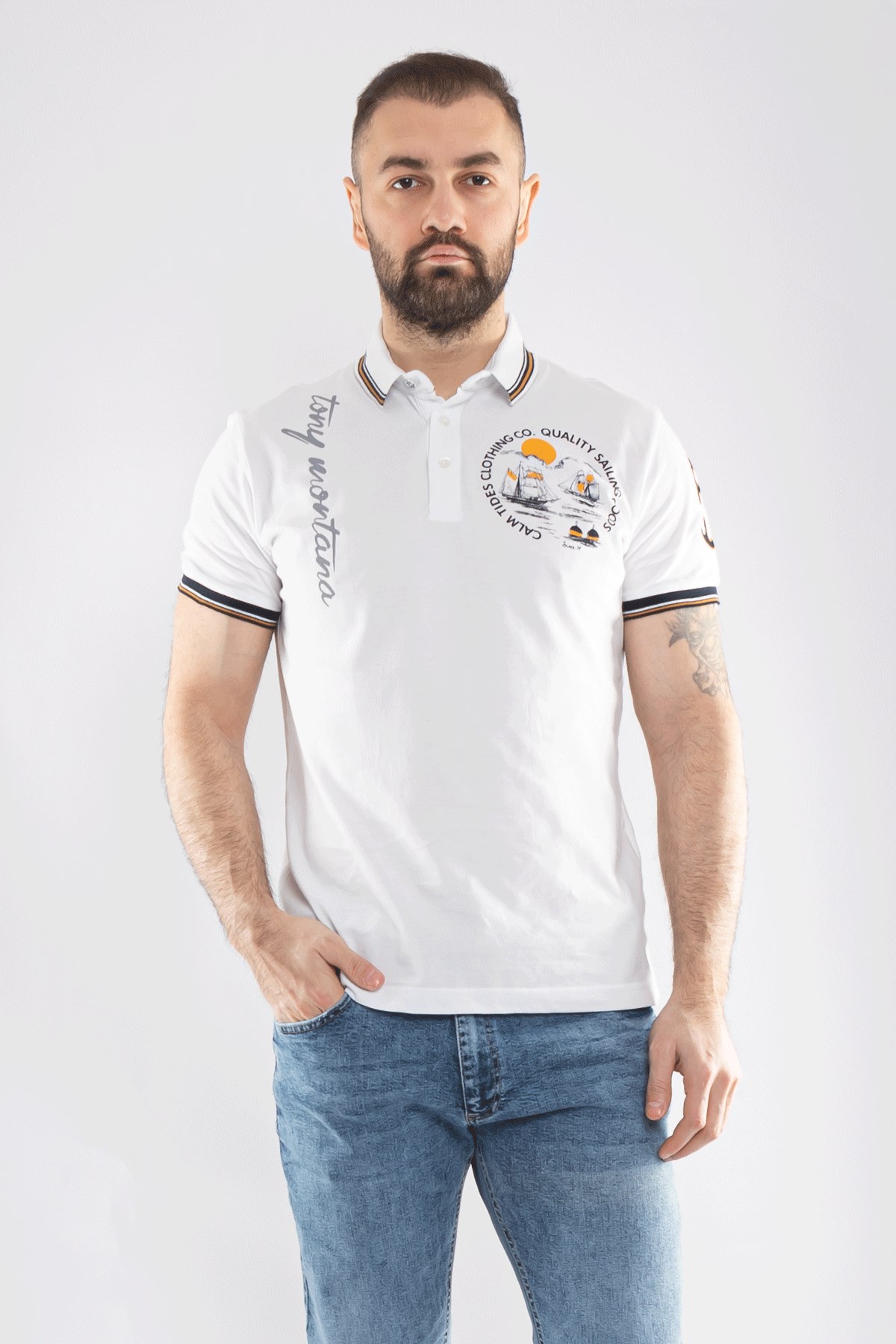 PL-2440 Penye Lacost Polo Yaka Gemi Baskılı Pamuk Tshirt