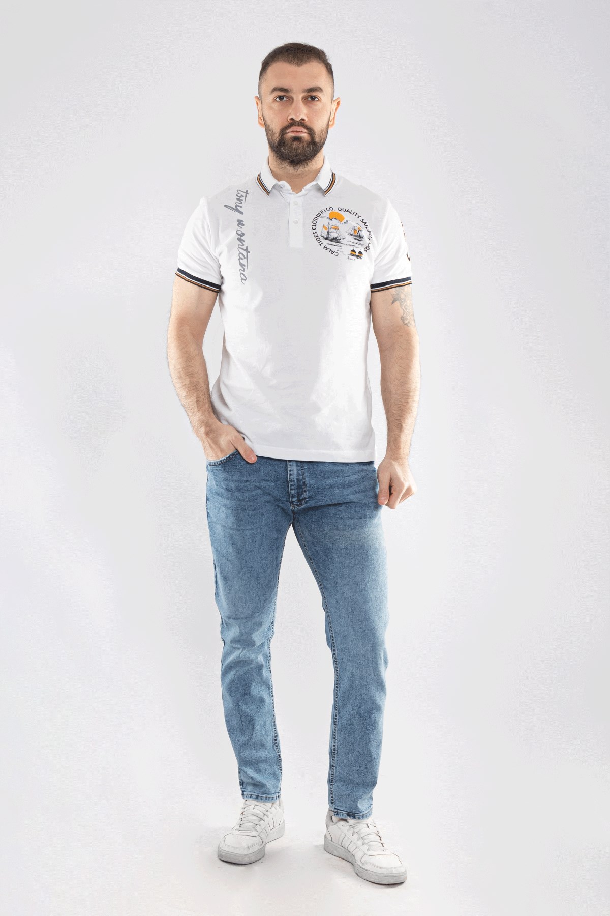 PL-2440 Penye Lacost Polo Yaka Gemi Baskılı Pamuk Tshirt