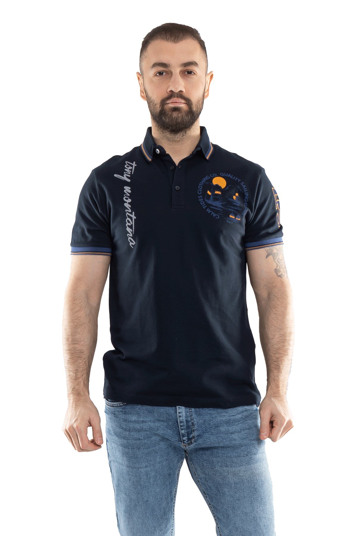 PL-2440 Penye Lacost Polo Yaka Gemi Baskılı Pamuk Tshirt