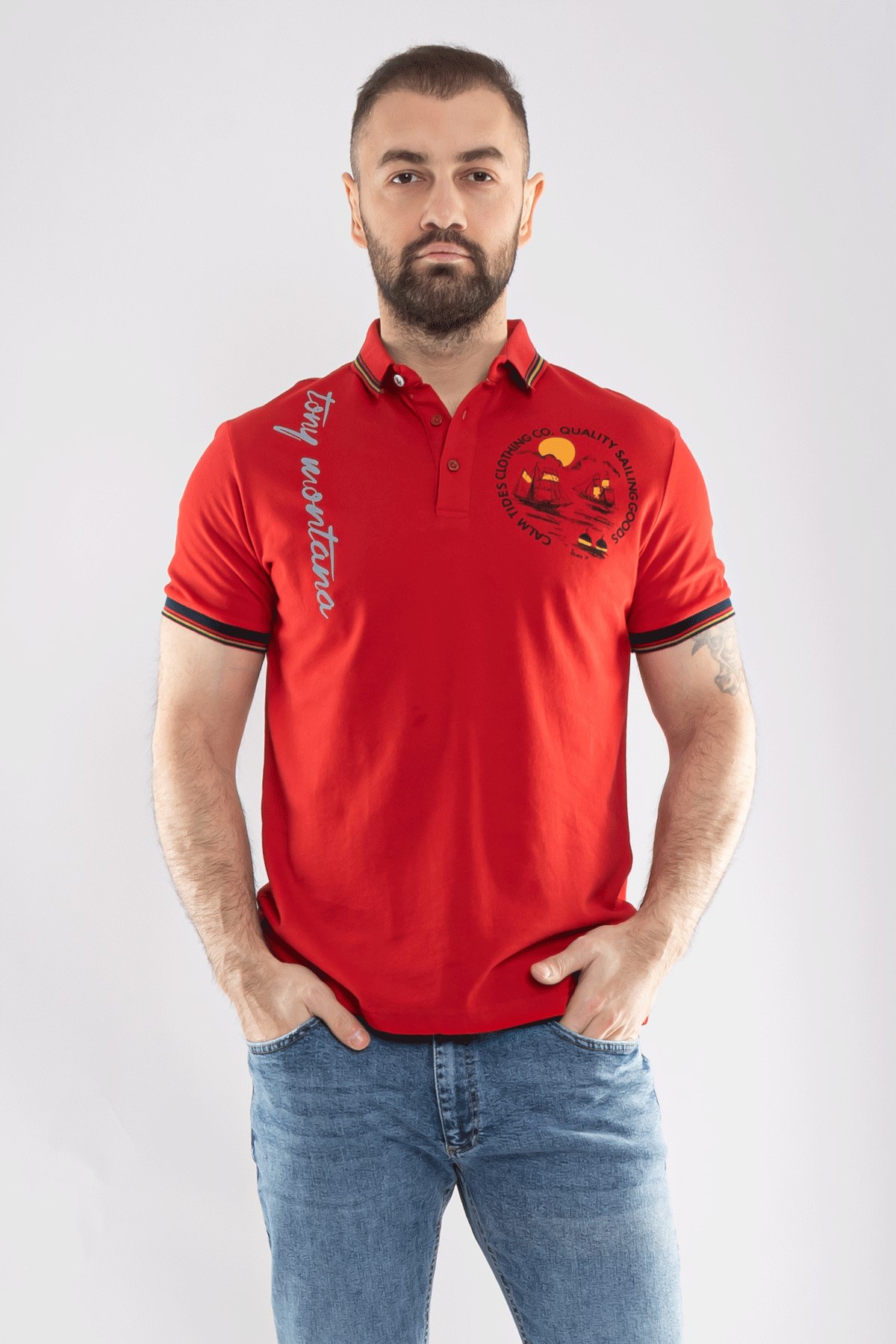 PL-2440 Penye Lacost Polo Yaka Gemi Baskılı Pamuk Tshirt