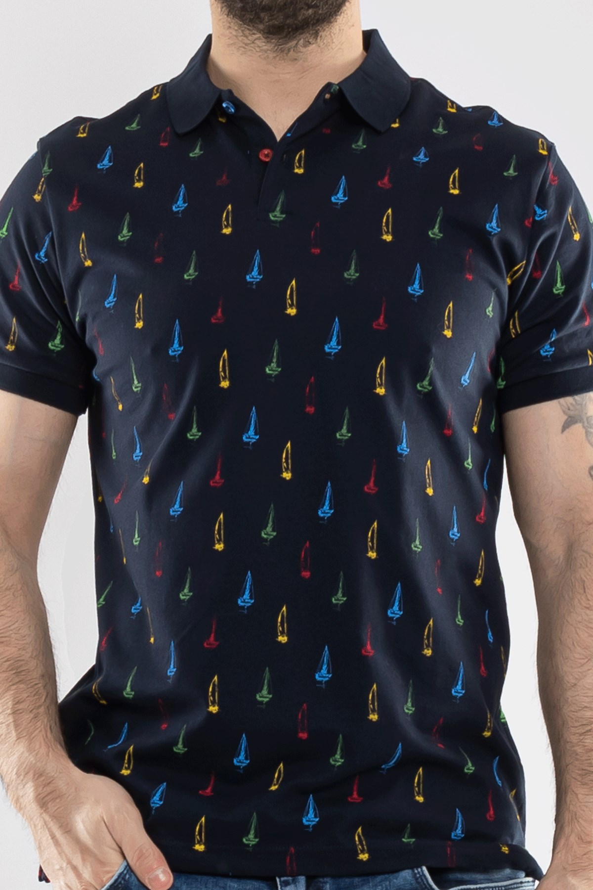 PL-3361 Polo Yaka Baskılı Pamuk Tshirt