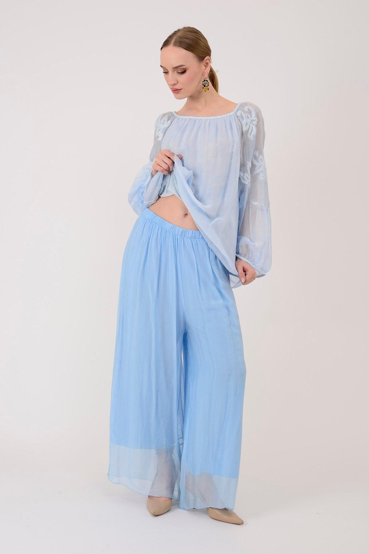 SN015 Düz Desen Lastikli İpek Pantolon