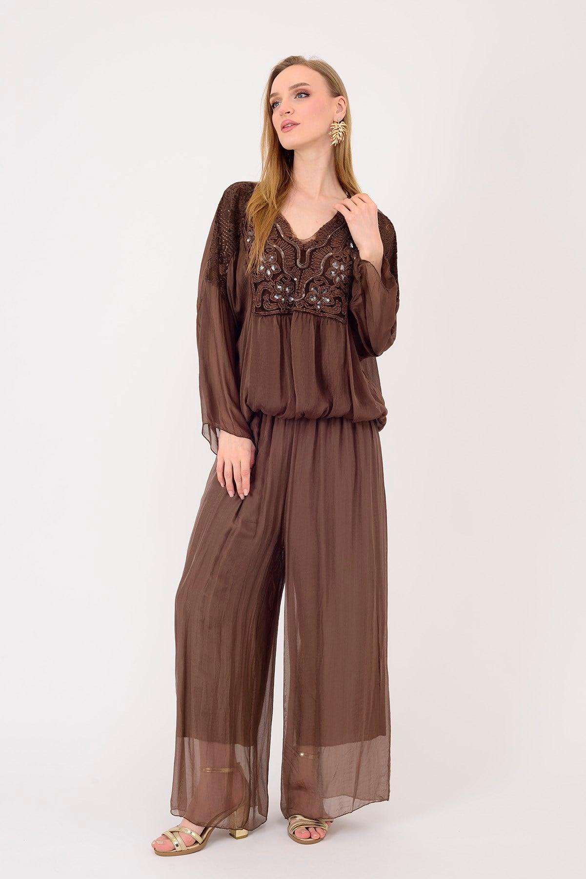 SN015 Düz Desen Lastikli İpek Pantolon