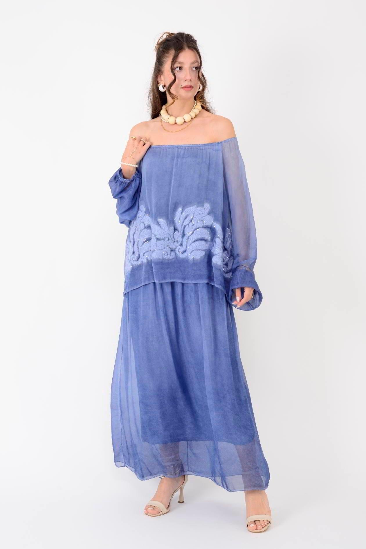 SN338 Nakış Detay Yaka Lastikli Bluzlu Uzun İpek Elbise