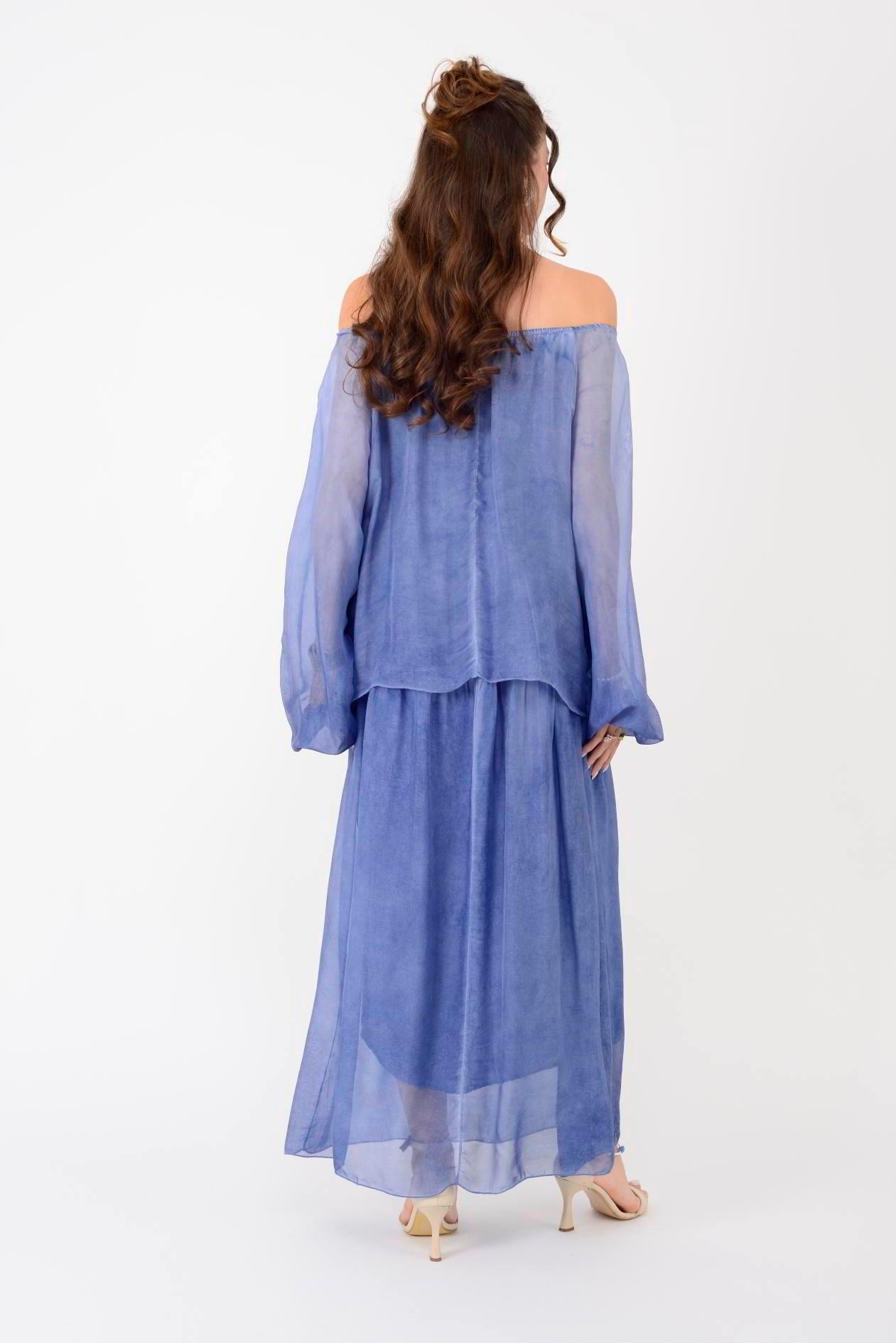 SN338 Nakış Detay Yaka Lastikli Bluzlu Uzun İpek Elbise