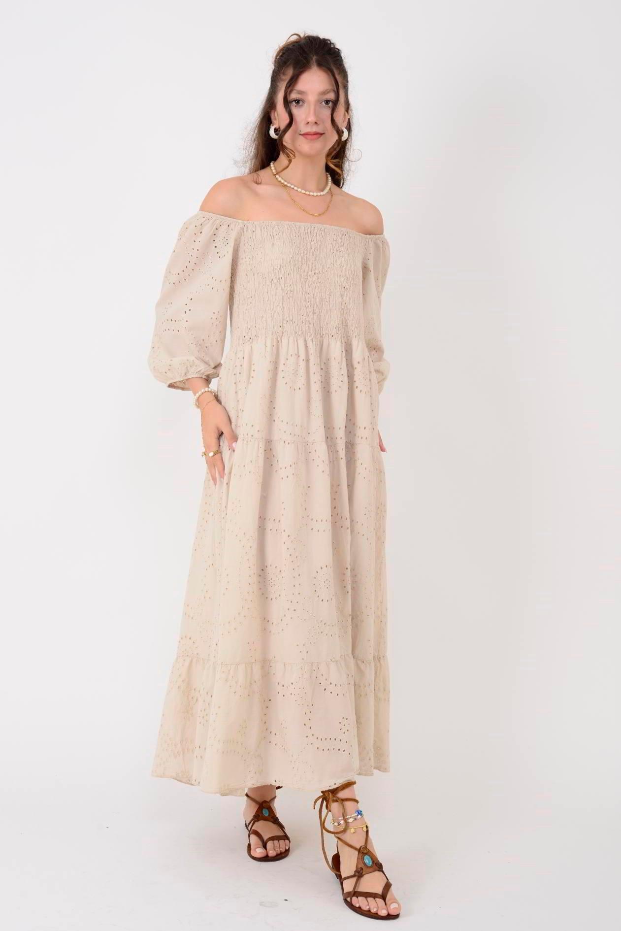 SN611 Kare Yaka Fistolu Katlı Uzun Elbise