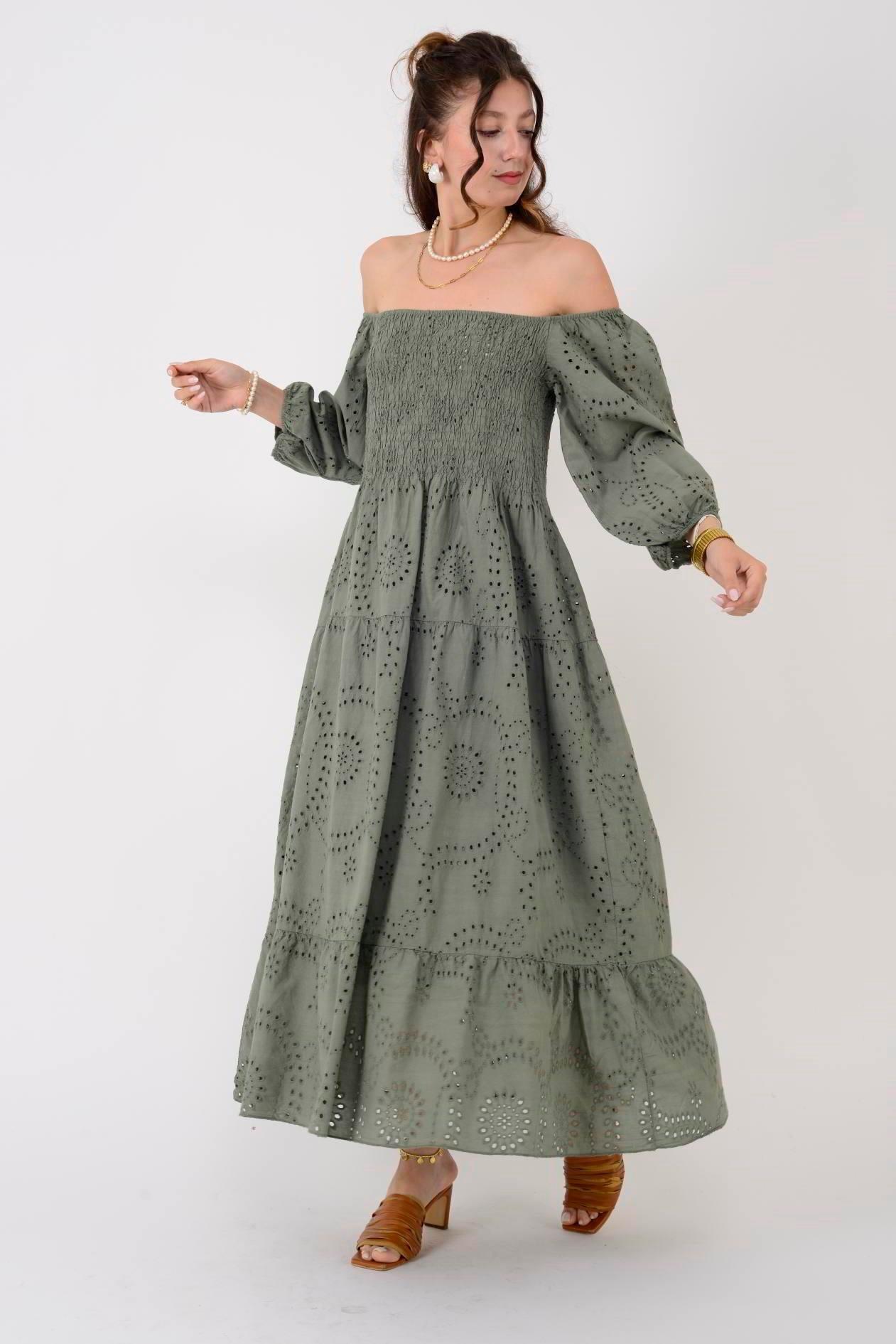 SN611 Kare Yaka Fistolu Katlı Uzun Elbise