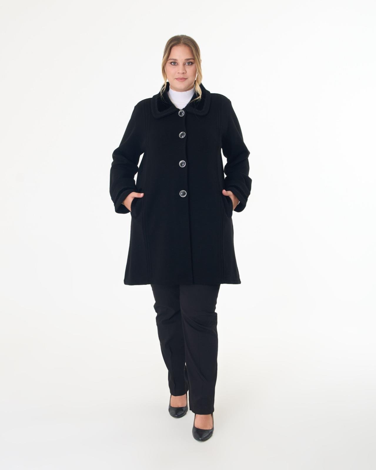 T2564 Yakası Kürklü Düğmeli Uzun Triko Kaban