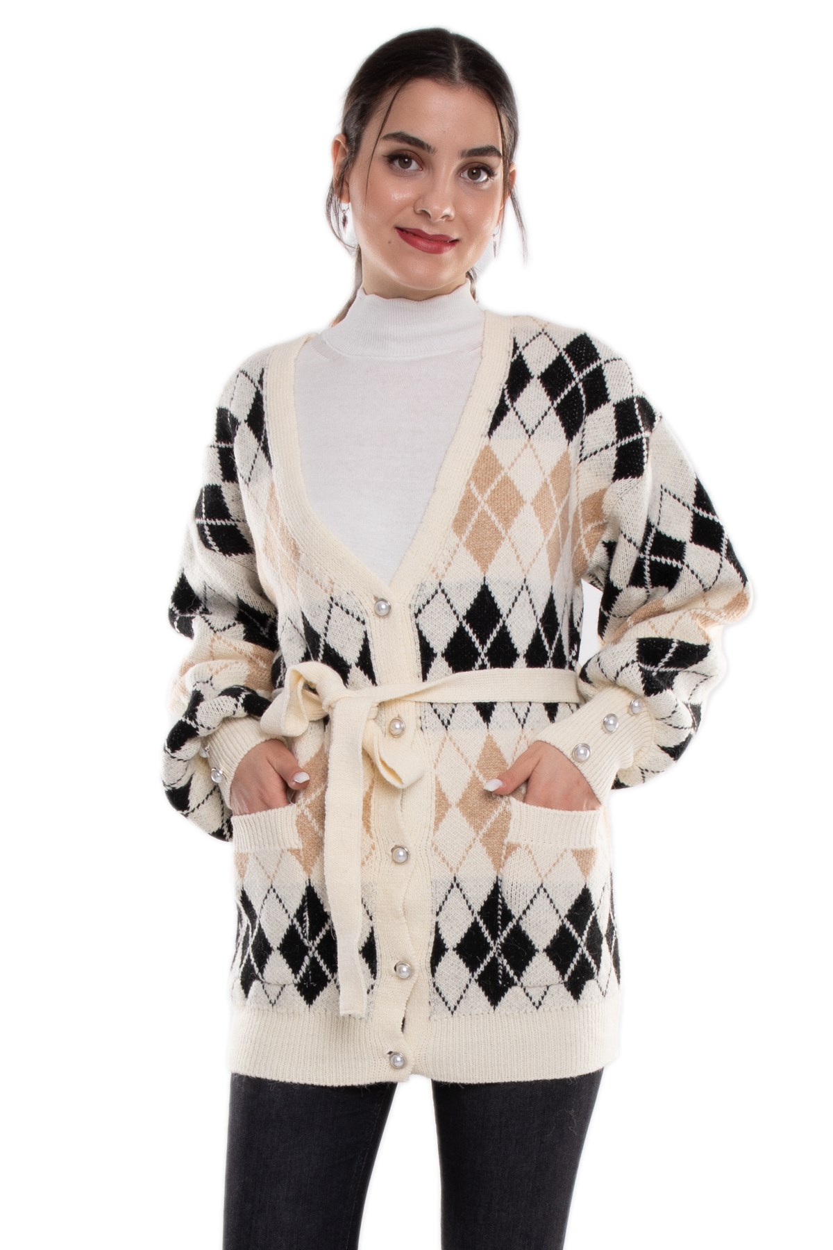 T93723 Cepli Baklava Desen İnci Düğmeli Triko Hırka